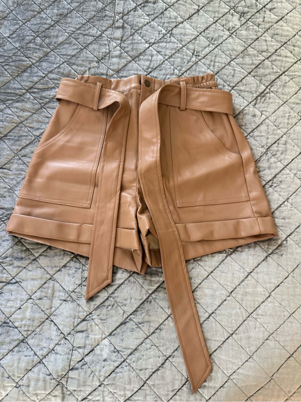 ILLA ILLA High-Waist Faux Leather Shorts in Tan